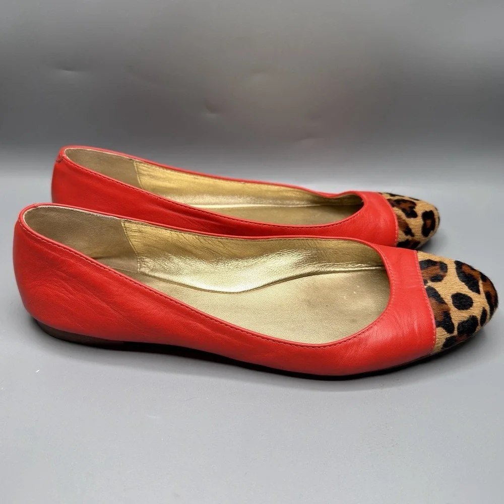 Kate Spade New York Coral Red Leather Cheetah Calf Hair Cap Toe Flats Womens 8.5